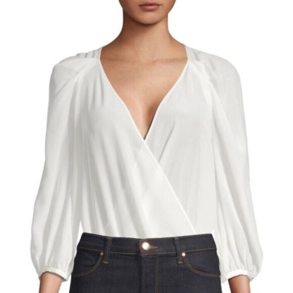 BCBGMAXAZRIA Silk Pleated Sleeve Crossover Bodysuit off white XS $322 fits as S